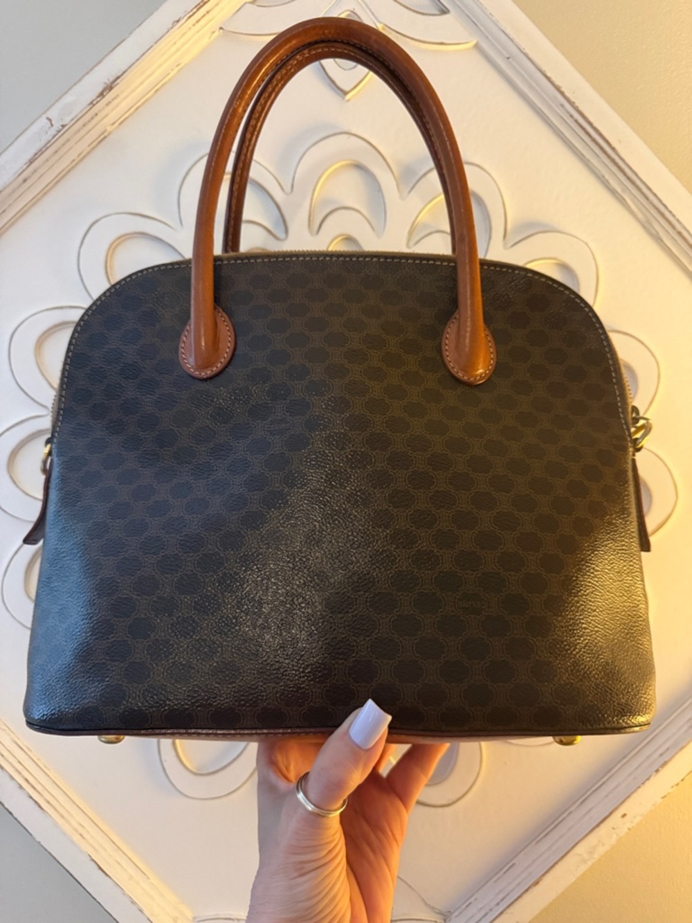 CELINE Macadam Patterned Done Satchel Handbag Vintage - Picture 2 of 14